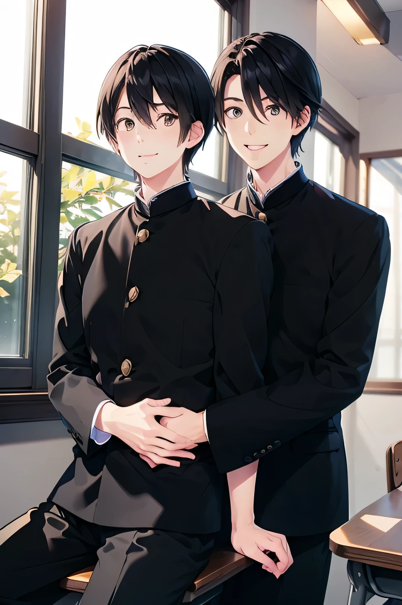 Two Japanese men handsome smile In the classroom window 二人共にBlack school run school uniform Black school run boys love cartoon One person sits on a chair The other one stands behind and hugs Future Classroom Outside the window is early spring there is only one cherry tree