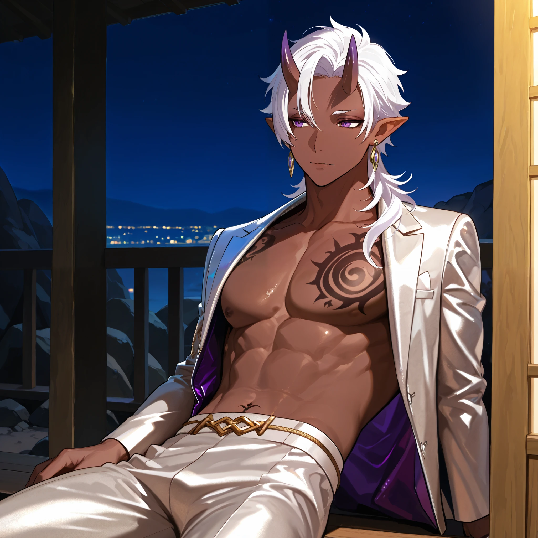 Black-skinned Oni boy, tied white hair , purple eyes, rock tattoos, Pointy ears, Luxurious suit clothing, shirtless with earring, Alone, outside porch, night