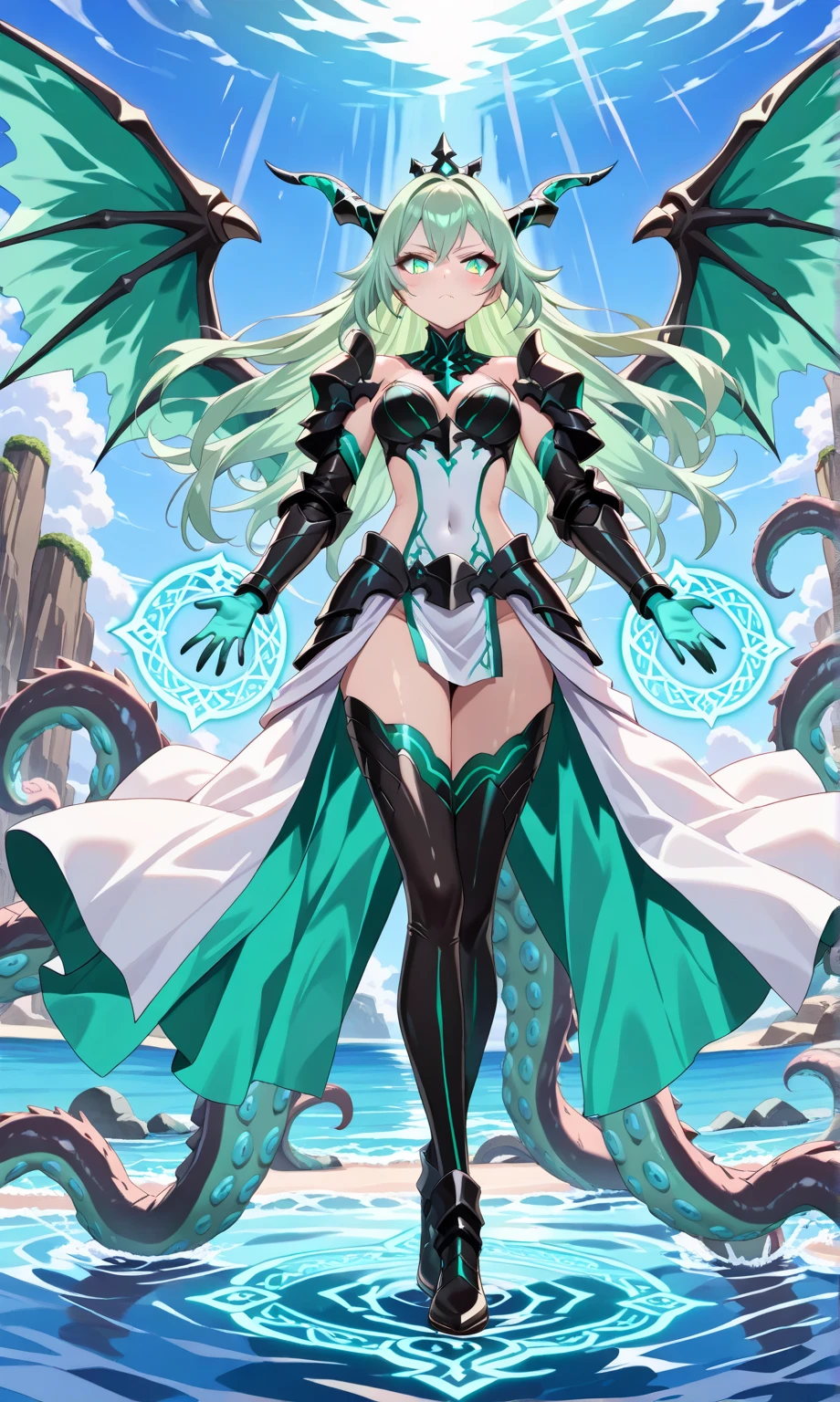 long cyan hair, Flat chested goddess,cleavage,green dragon corner,Green Dragon Wings,cyan dragon scales,Qinglongwei,Thong,,barefoot,whole body,Standing,sky stormy