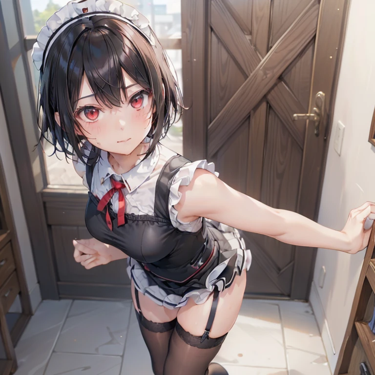 (best quality,8k,masterpiece:1.2),a girl,a maid outfit,short hair,an ecstatic face,crying,blushing,wide-open mouth,water flowing out from the mouth,a girl tied up with ropes all over her body,a girl suspended by ropes,wrists tied with ropes,raised arms,armpits visible,sitting on a toilet bowl,((with legs spread wide open)),inside a bathroom