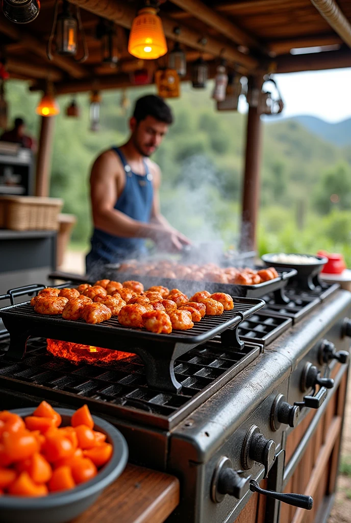 grilling hot Moroccan kabobs, with herbs, outdoors, Moroccan tea, mint, clear photo, ultra realistic --auto