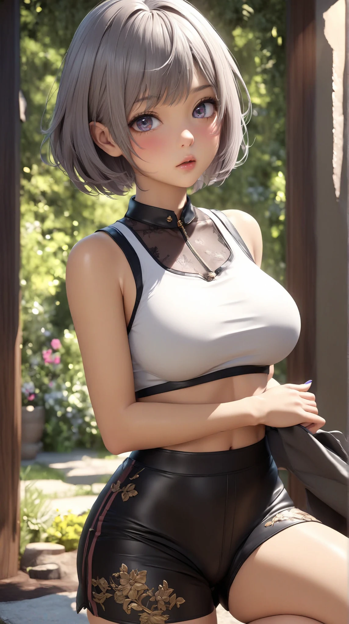 Realistic, One girl, Gray Hair, Purple eyes, Glowing Eyes, Crop top, skirt, Part your lips, blush, night, Flowers, sun, sunlight,