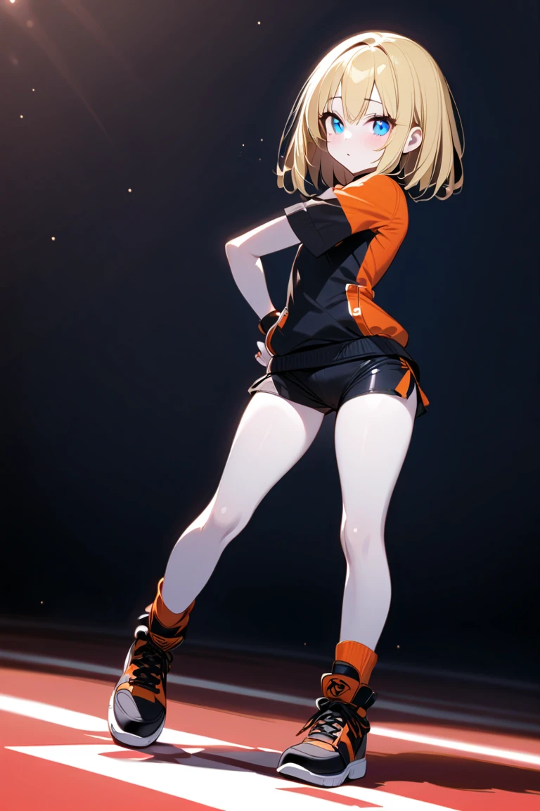 ((Best quality)), ((masterpiece)), ((highly intricate details)), beautiful, high quality, high resolution, absurd, light diffusion, intricate details, intricate details, ((anime)), (anime:1.2) , (perfect face: 1.3), colorful, more detailed, vibrant colors, high contrast, (8K UHD: 1.2), (photorealistic: 1.2), (masterpiece: 1.4), (best quality: 1.4) ), extremely detailed wallpaper, highly detailed illustrations, (super complex detail), unified 4K, (super detailed CG: 1.2), (8K: 1.2), (original), (masterpiece), (best quality), (reality : 1.3), photorealistic, Octane rendering, (surreal: 1.2) ,((masterpiece:1.4, best quality:1.2)),1girl, huge breasts, tiled surface, running pose, anime girl running, MOCAP, pose of dynamic movement, full body with dynamic pose, character animation, character animation, dynamic active running pose, realistic dynamic pose, character pose, Character is standing, animation model, she is dancing. realistic, character is in his natural pose, dark skin, black belly shirt, orange curly hair, ((small orange shorts)), yellow eyes, white high boots, ((night)), simple background, dark black background