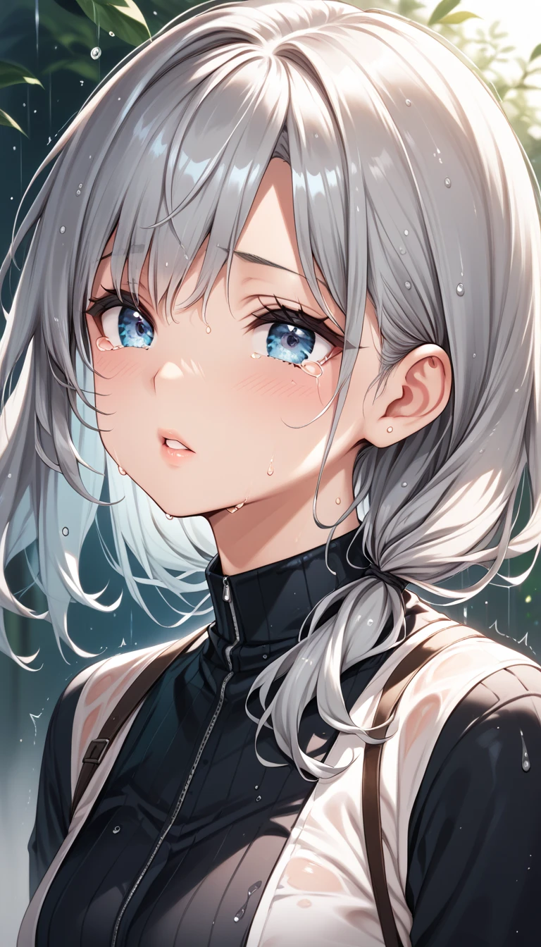 kamisato ayaka, (best quality, highres, masterpiece:1.2), upper body, detailed black and white coat, modern style, cute pose, fade smile, flawless skin, stylish haircut, captivating gaze, soft lighting, knuckles up