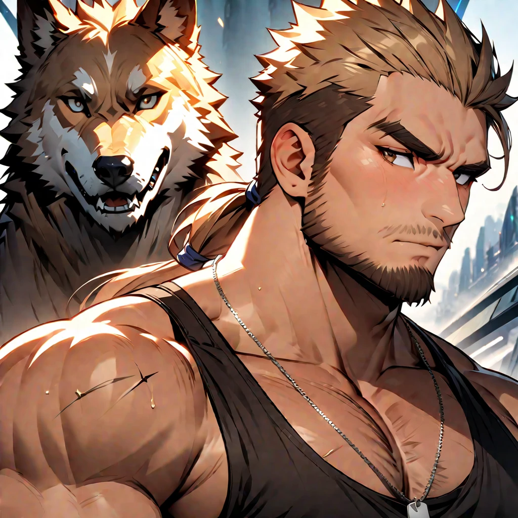 masterpiece, Best quality, A high resolution, fantasy, adult man person, shows sharp fangs and grins, brunette with short hair and shaved temples, with scars on the body and face, with yellow wolf eyes and wolf ears, full length