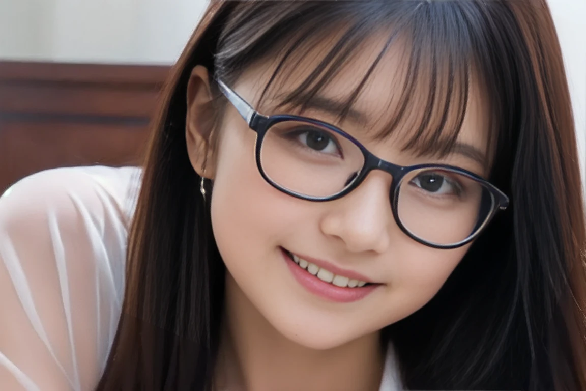 girl, Blue sky and white clouds, Wearing silver glasses, Happy, Happy, Blushing cheeks, Black Hair, Wearing a pink bow headband, Perfect quality, Be focused (Clutter - Home: 0.8), (masterpiece: 1.2) (Practical: 1.2) (Bokeh) (best quality) (Delicate skin: 1.3) (Intricate details) (8K) (Detail eyes) (Clear focus), (Happy)