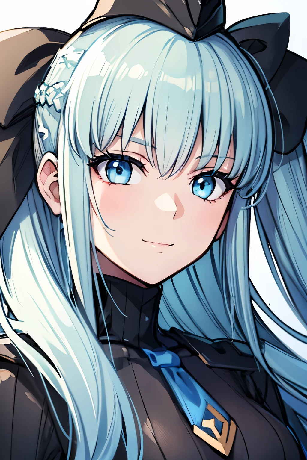 masterpiece, highest quality, (highest quality), (best illustrations), (high resolution),8k,face close up,on the bed, {{{masterpiece}}}, {{{best quality}}}, {{Super detailed}}, {{very delicate and beautiful}},smile,black DOLLSUIT,DOLLSUIT,{{{best quality}}}, {{Super detailed}}, masterpiece, highest quality, (highest quality), (best illustrations), 8k,{{{masterpiece}}}, {{{best quality}}}, {{Super detailed}}, {{{best quality}}}, {{Super detailed}}, face close up, morgan le fay, black bow, bow, light blue hair, blue eyes, choker, hair bow, hair ornament, long hair, ribbon,