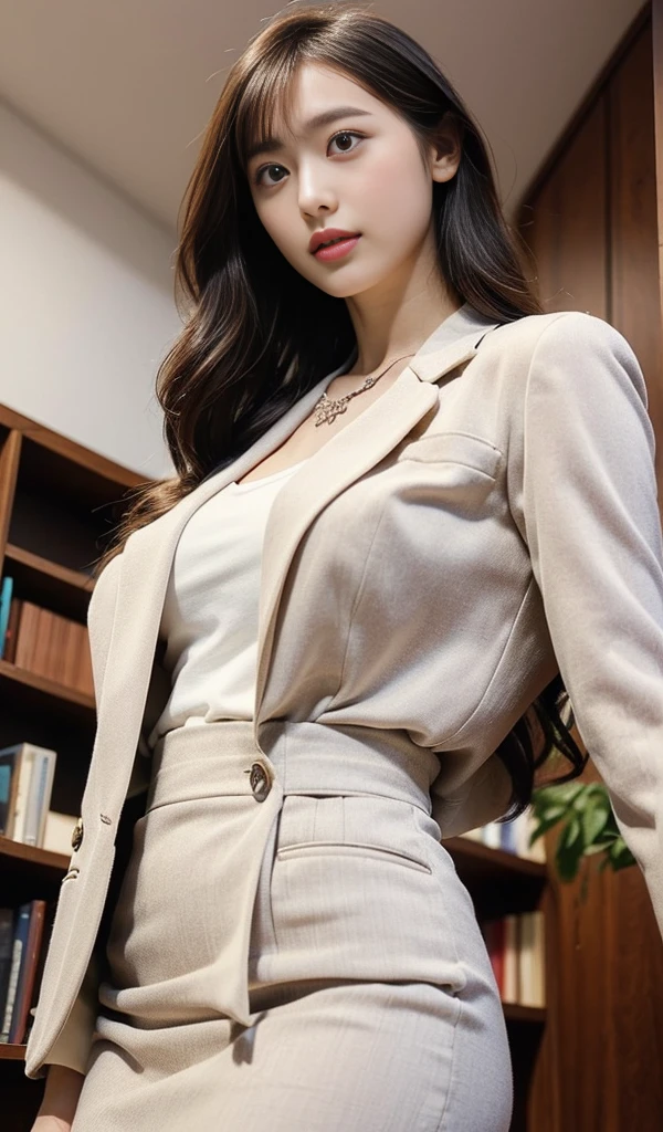 Intelligent serious woman、Light makeup、in 8K、top-quality、30-years old、Realistic rays、Bursting breasts beauty、Top image quality、Natural complexion、Company Desk、Sit on a chair、Company OL Blazer、jaket、Female Announcer、Lace sexy red panties on shirt、Panties visible from a normal-length skirt、Pretty figure、Trim your hair、Open your legs、、Lace sexy panties visible.updo hair、Female Announcer、Lipstick is light、