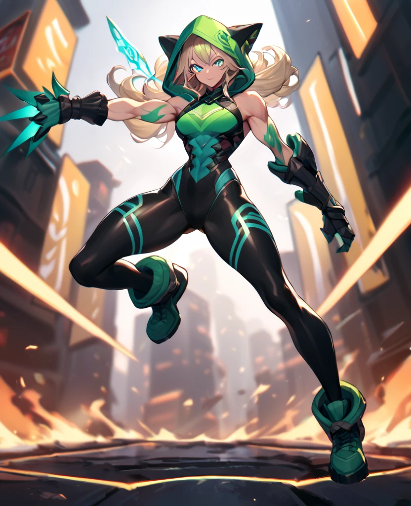 1female, young adult, big breast, finely detailed blue eyes, wild medium hair, green hair, pigtails, full body combat suits, standing on ruined building, night time, excited expression