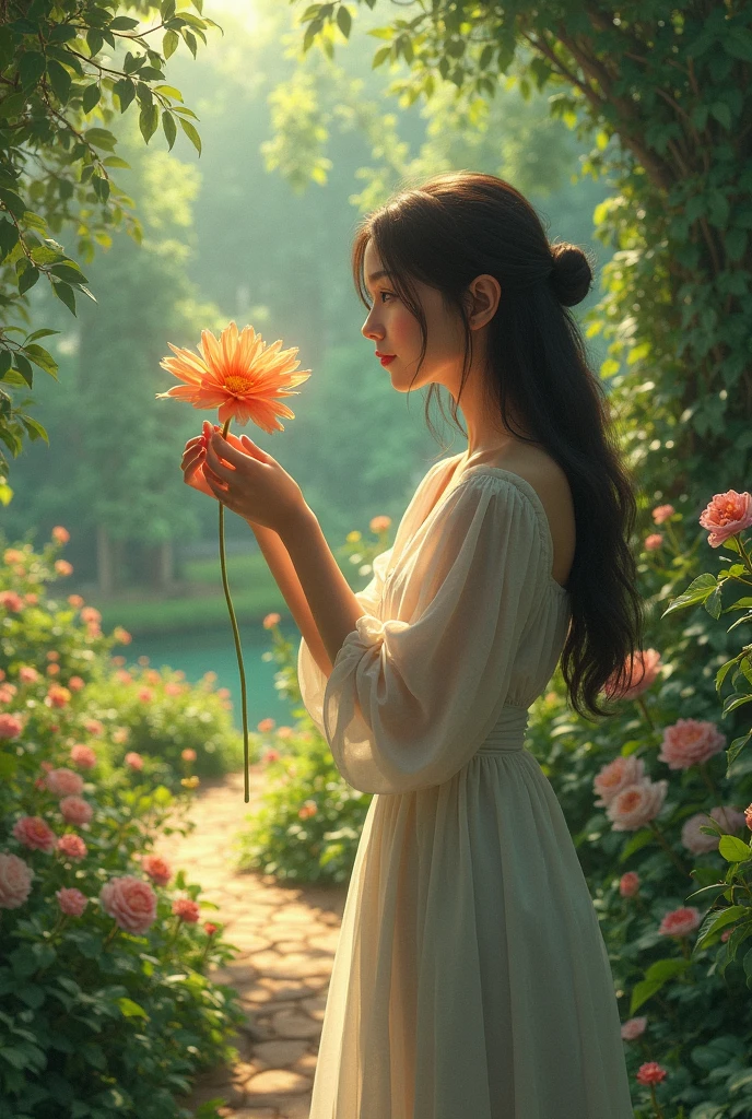 holding a flower in the garden 