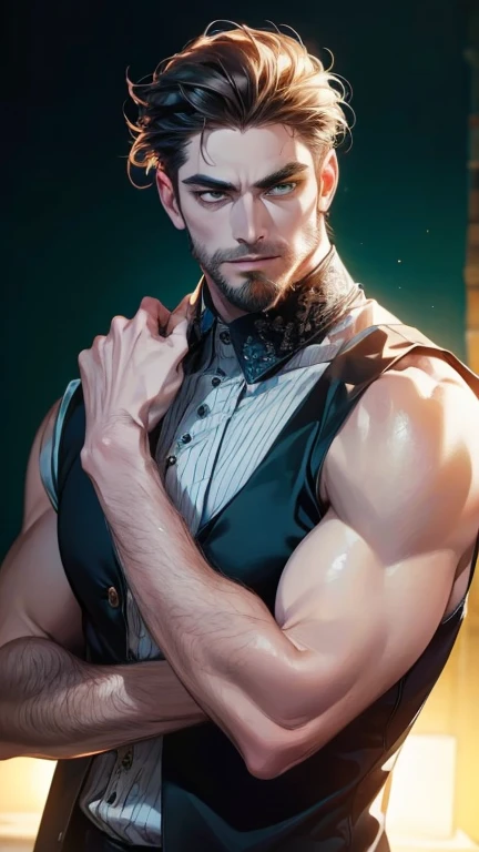 (Absurdres, intricate details, masterpiece, best quality, high resolution, 8k), men only, (1man), (male:1.2), mature, dashing face, finely detailed eyes and face, toned body, masculine appeal, commanding presence, tall and well-built with broad shoulders, porcelain skin, light pink layered comb over hair, hazel eyes, erotic barechested lace bunny ears waiter outfit cosplay with (crotch bulge), sitting with head cocked slightly to the left and arms crossed casually at the wrist, refined details, VFX, Motion Blur, Cowboy Shot, Deep Focus, Knee Level Shot, Tone-mapping, Ambient Occlusion, Lens Flares Secondary Fill Light, Spectacular Map.