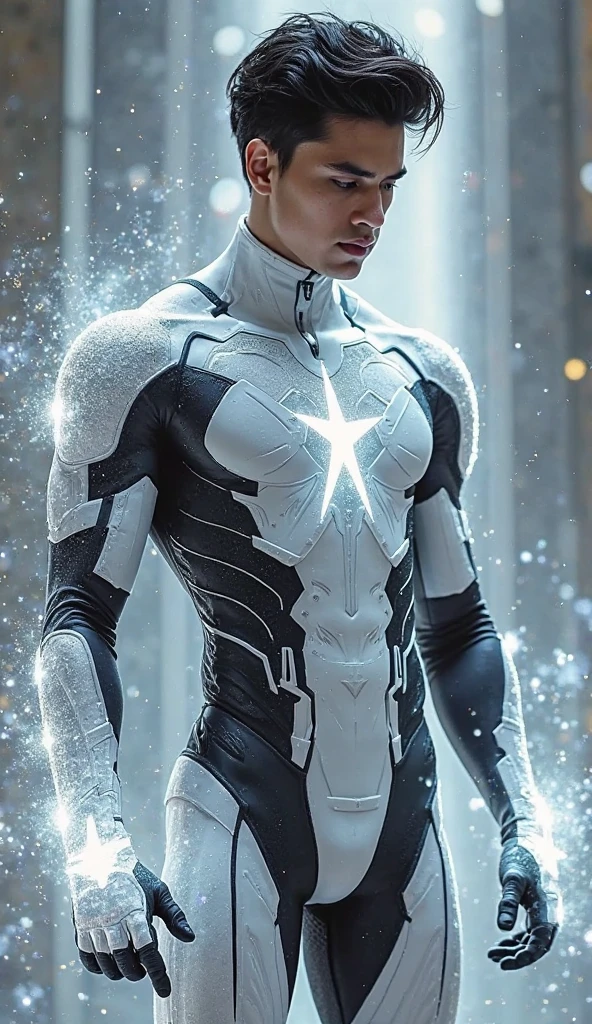 FULL BODY photorealistic white haired handsome hunky  adult Jack Frost wearing a white and silver hero suit, flying around the City 