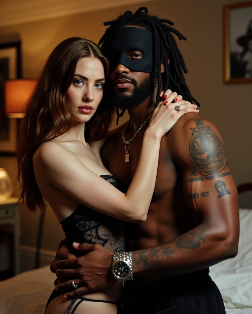 195 cm tall, 28-year-old man, medium length curly side parted hair, no facial hair, black skin, French-Nubian features, shirtless, cream pants, gentle closed mouth smile looking down, holding dagger to the shoulder of a 24-year-old far shorter woman with hesitant expression looking at ceiling while laying on bed with vibrant maroon side parted wavy hair and light skin wearing black and blue matching bra and hipsters on an ivory plush bed in a French classical bedroom, dark lighting, photorealistic, cinematic