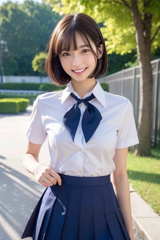 Highest quality、Ultra-detailed、masterpiece、Realistic、Photo realistic、One Girl、(cute17歳の少女、Small Head)、(cute:1.2)、Big smile、(Brown Hair、Short Bob Hair)、目は茶色inす、perfect glossy skin、((Slender))、((Perfect body))、Model pose、Accurate depiction、Perfect Face、in 、White shirt、Blue Skirt、Red tie、Big ample breasts、pants、Running towards us、Coming to school、Bright lighting、Blur the background