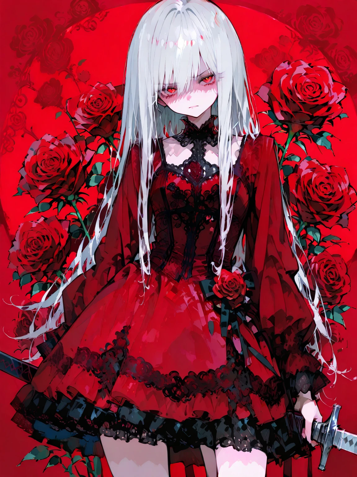 cute manga style visual, masterpiece, blotchy transparent watercolor, tremendously detailed illustration, a cute girl, red rose princess, red rose lace dress, holding sword sheath, glaring at viewer, cowboy shot, red rose background, beautiful detailed glow,
