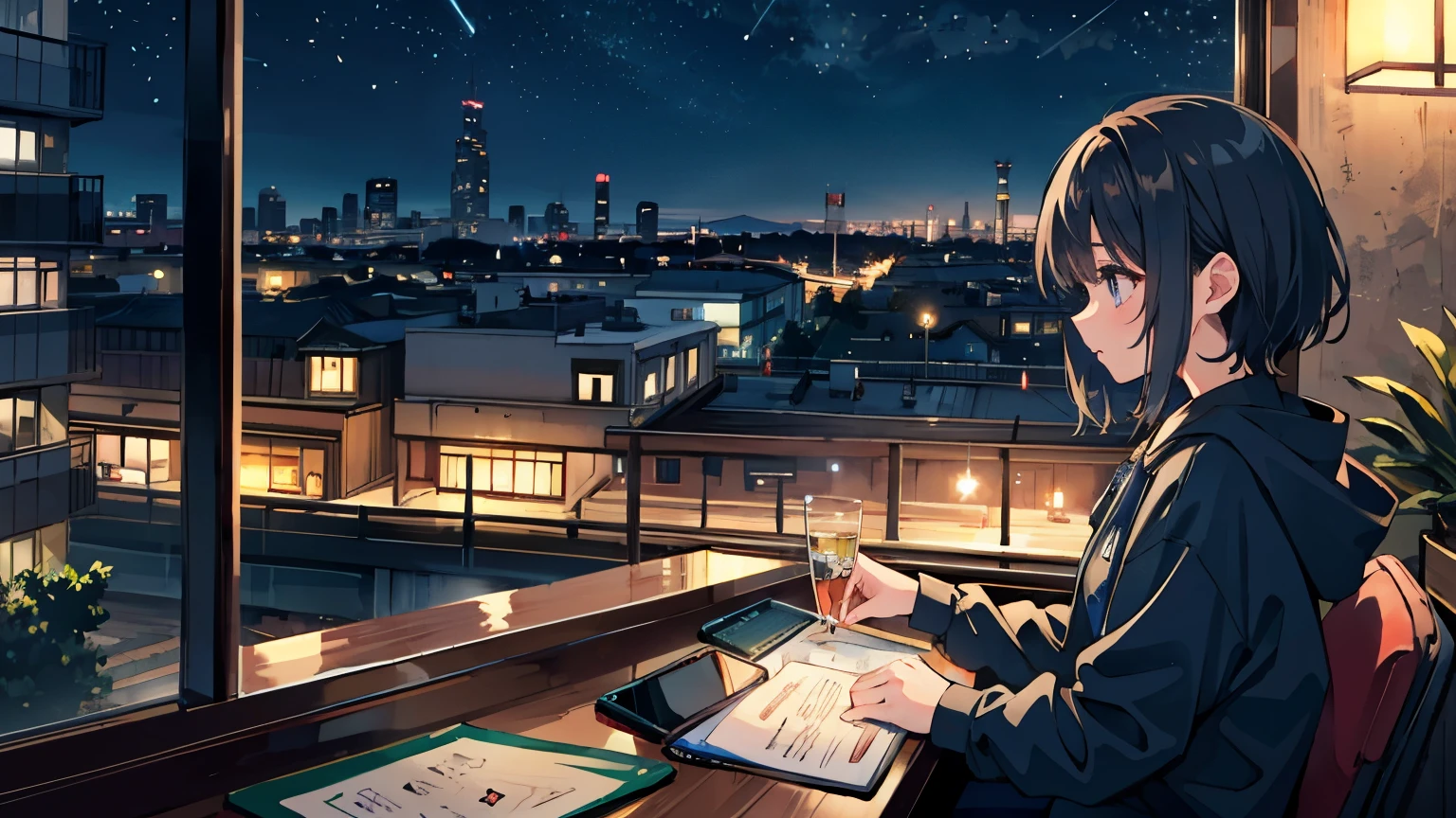 Absurd, High resolution, (Official Art, beautifully、aesthetic:1.2), "A tranquil night scene of a cozy café with warm lights. A person is reading a book, surrounded by the soft glow of lamps, with a cup of coffee on the table. Outside the window, a starry sky and city lights create a calming atmosphere."