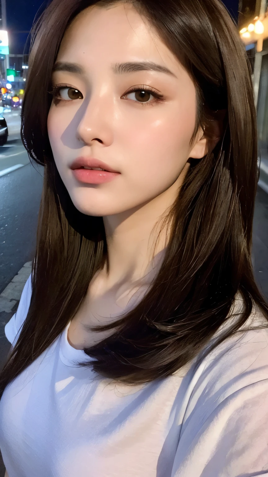 ((Best Quality, 8K, Masterpiece: 1.3)), Sharp: 1.2, Perfect Body Beauty: 1.4, Slim Abs: 1.2, ((Layered Hairstyle, Big Breasts: 1.2)), (Wet White Button Long Shirt: 1.1), (Rain, Street: 1.2), Wet: 1.5, Highly detailed face and skin texture, detailed eyes, double eyelids, side face looking at the camera