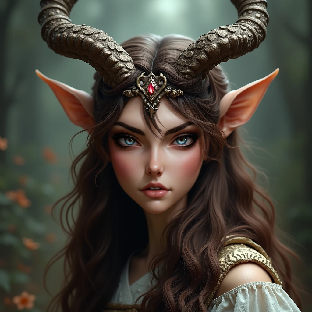 portrait, pretty female, two big ram's horns on head, satyr, light black armor, mistery magic, vengeance, atmosphere,small elf ears
fantasy style, hyper realism, artstation, (dark shot:1.17), faded, ((neutral colors)), ((art)), (hdr:1.5), (muted colors:1.2), hyperdetailed, (artstation:1.5), cinematic, warm lights, dramatic light, (intricate details:1.1), complex background, (rutkowski:0.8), (teal and orange:0.4)