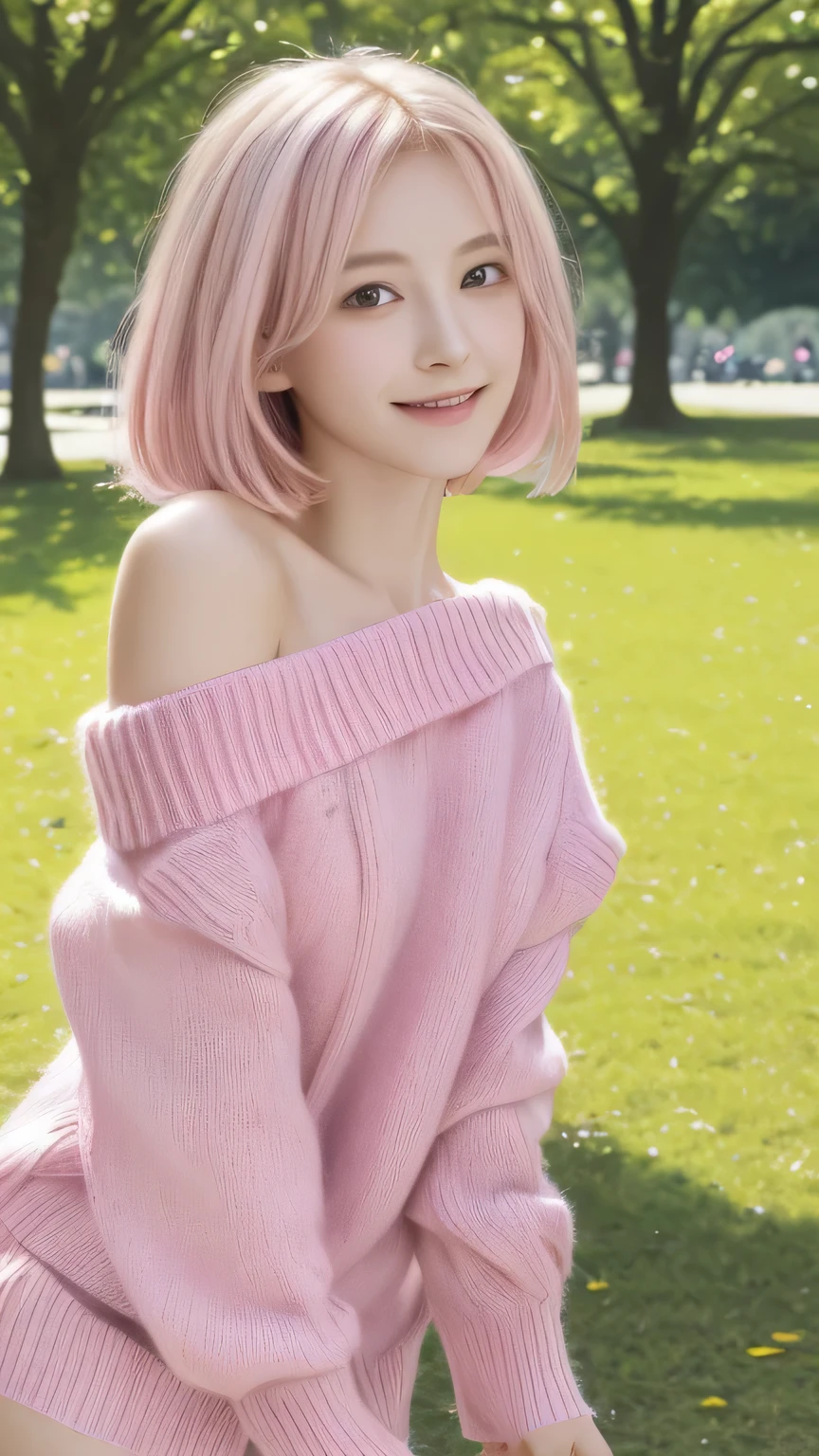 masterpiece, upper body, face portrait,  woman, solo, pink hair, hair over eyes, gamer bedroom, aqua sweater, oversized sweater, grin