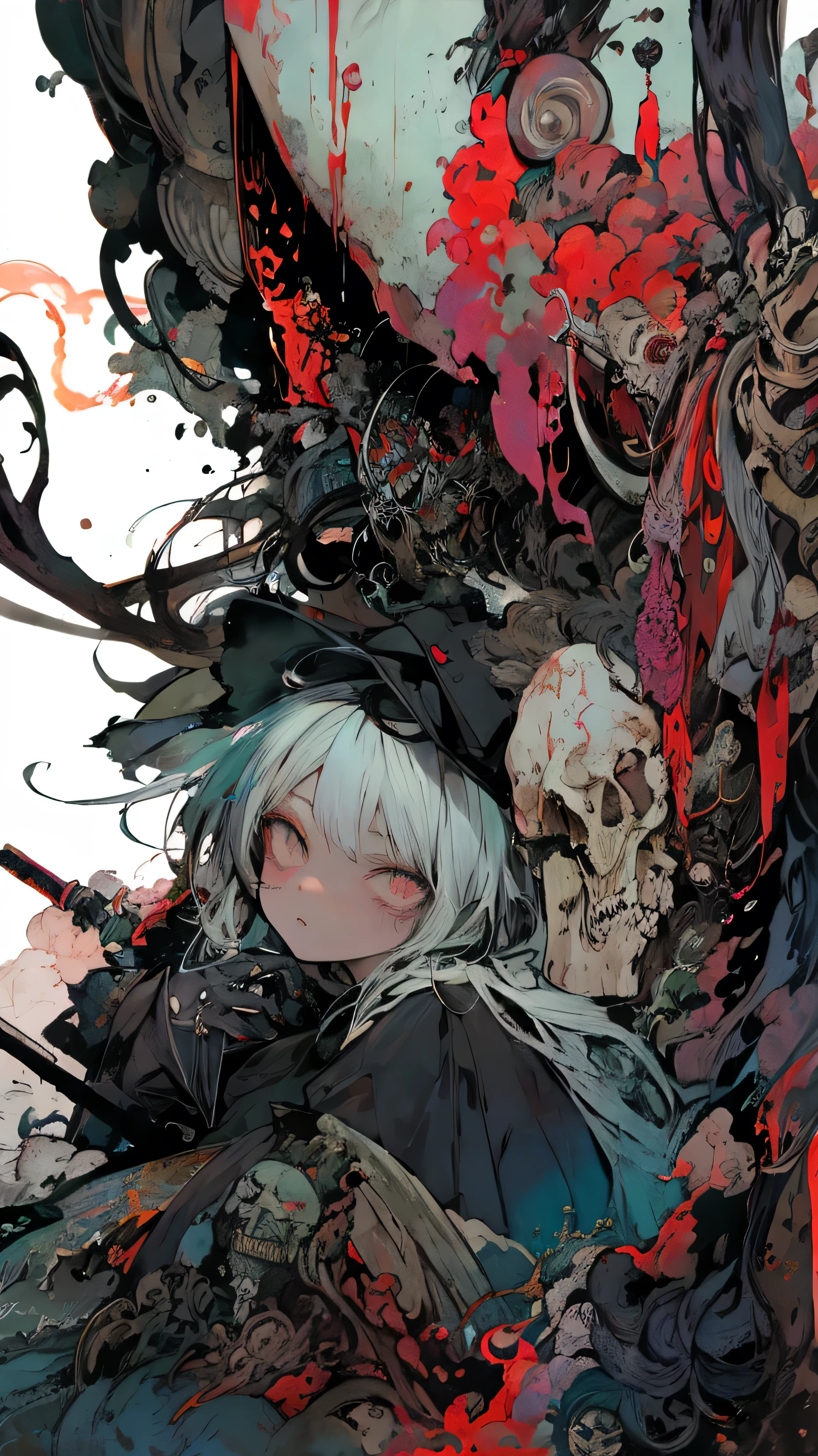 (official art,unity 8k wallpaper,ultra detailed,High quality,best quality),
(zentangle, mandala, tangle, entangle:0.6),(red, black),flat color,limited palette,low contrast,(1girl:1.2),solo,serafuku,long straight black hair,lycoris flower,(goat skull:1.3),(horror),(gloomy),blood,(gasmask:1.3),
