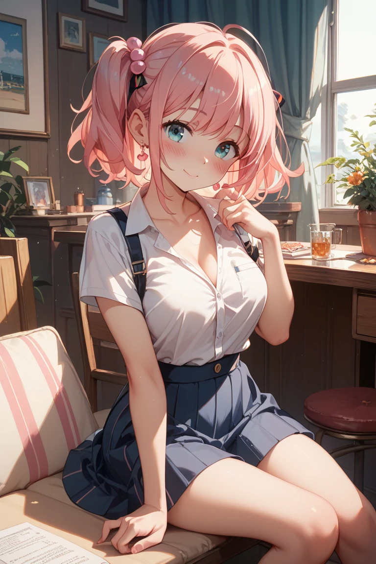 (masterpiece:1.3, top-quality, ultra high res, ultra detailed), (cleavage:1.4),(realistic, photorealistic:1.4), beautiful illustration, perfect lighting, natural lighting, colorful, depth of fields, surrealism, (embarrassed,blush:1.3),
beautiful detailed hair, beautiful detailed face, beautiful detailed eyes, beautiful clavicle, beautiful body, beautiful chest, beautiful thigh, beautiful legs, beautiful fingers, shiny skin,
looking at viewer, 1 girl, japanese, high school girl, (perfect anatomy, anatomically correct, super detailed skin), cute and symmetrical face, babyface, perfect face, perfect eyes,
(middle hair, two side up, pink hair), crossed bangs, purple eyes, drooping eyes, big eyes, long eyelashes, (large breasts, seductive thighs, skindentation), slender, outstanding style,
((detailed cloth texture, white collared shirt, blue pleated skirt, dark red neck ribbon), black thigh-highs, loafer),
(beautiful scenery), late afternoon,hands on chest, (lovely smile, upper eyes, open mouth small),