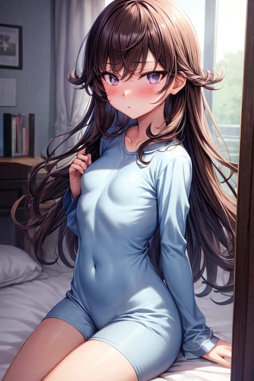((highest quality)),(ultra high resolution),(Super detailed),(detailed description),((best CG)),(best work of art),super precision art, great drawing art,(Art with precise details:1.5), (1 man: 1.5) cute and feminine looking young man, femboy, silky smooth back length brown hair, soft and cute facial features, slender dainty body, slim waist, small curves, small perky butt, silky smooth legs, very short height of 5ft 5,plain tee shirt and shortss, an overall cute femboy, simple european bedroom background