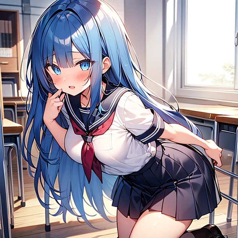 (tmasterpiece, Extremely detailed 8k CG, sharp line), female high-school student, Blue hair, cute big breasts, Sefuku, white underwear and skirt, skirt lift, Sexy pose display, upper legs, style of anime , beautiful anime school girl, charming anime girls, smooth anime cg art, beautiful anime school girl, Beautiful anime girls,