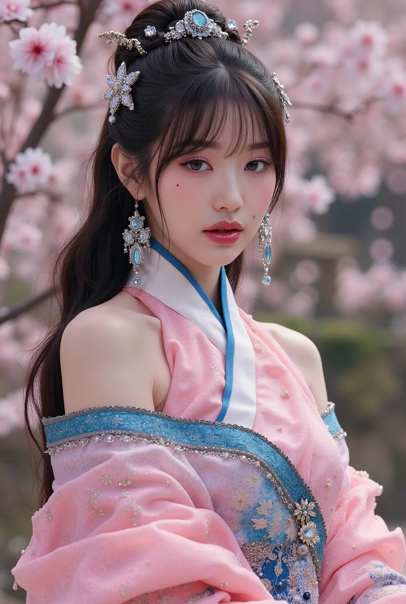 (Full Body), A luminous Korean beauty from ancient dynasties (221 BCE - 220 CE) stands majestically against a outdoor cherry blossom background, her vibrant raibow twotone Wuxia attire radiating an otherworldly aura. David Lachapelle's lens captures the frozen moment of her polished body, Si-fi graphics luminescent attire, and captivating gaze meeting the camera with unflinching intensity. reflected light liquid metal fabric attire, 8K resolution reveals razor-sharp features, high-contrast details, and Traditional Chinese hairstyles, while a subtle sheen on her lips hints at the application of Traditional lipstick, spiritual cosmic to realistic, reflected light Glass hair pin