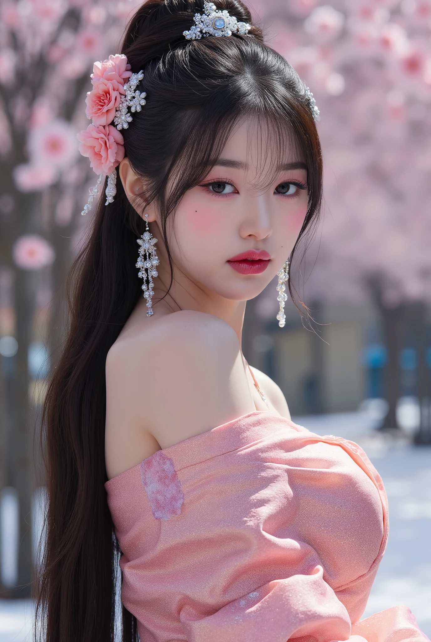 (Full Body), A luminous Korean beauty from ancient dynasties (221 BCE - 220 CE) stands majestically against a outdoor cherry blossom background, her vibrant raibow twotone Wuxia attire radiating an otherworldly aura. David Lachapelle's lens captures the frozen moment of her polished body, Si-fi graphics luminescent attire, and captivating gaze meeting the camera with unflinching intensity. reflected light liquid metal fabric attire, 8K resolution reveals razor-sharp features, high-contrast details, and Traditional Chinese hairstyles, while a subtle sheen on her lips hints at the application of Traditional lipstick, spiritual cosmic to realistic, reflected light Glass hair pin