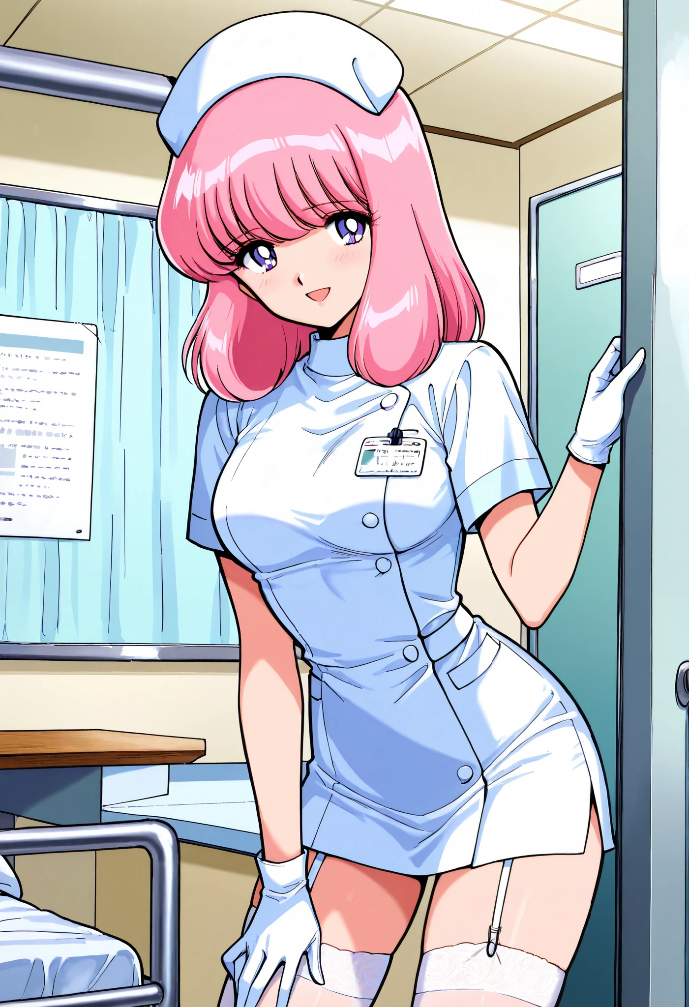 Score_9, score_8_up, score_7_up, source_anime, nakajima_noriko, solo, medium hair, pink hair, purple eyes, (best quality), (high quality), {masterpiece}, extremely delicate and beautiful, ultra-detailed, beautiful detailed eyes, nurse, nurse hat, ((white nurse's outfit)), white gloves, white thighhighs, hospital room, smile, open mouth, standing
