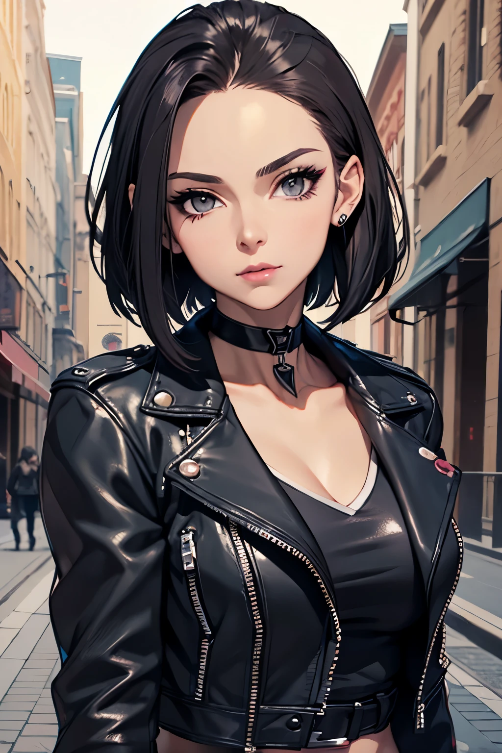 a beautiful woman , age group 30 years , black eyes with short black Pixie style hair, , black eyes combining black leather jacket with short black blouse and choker with buckle ,looking at the viewer ((1.2)) (( pretty face)) (( masterpiece)) (( extremely detailed ))