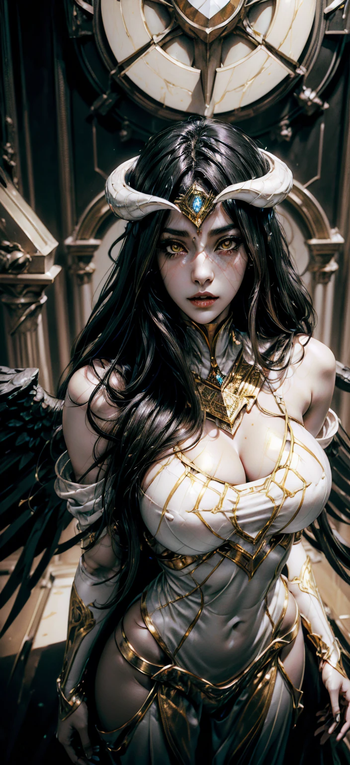 albedo from overlord,beautiful detailed eyes,beautiful detailed lips,extremely detailed eyes and face,long eyelashes,elegant succubus,long flowing black hair,golden eyes,luxurious white gown with black accents,gold accessories,large feathered wings,reflection in ornate sword blade,striking detail,intense gaze,regal appearance,dark mysterious background,best quality,4k,8k,highres,masterpiece:1.2,ultra-detailed,realistic,photorealistic,photo-realistic:1.37,HDR,UHD,studio lighting,ultra-fine painting,sharp focus,physically-based rendering,extreme detail description,professional,vivid colors,bokeh,concept art