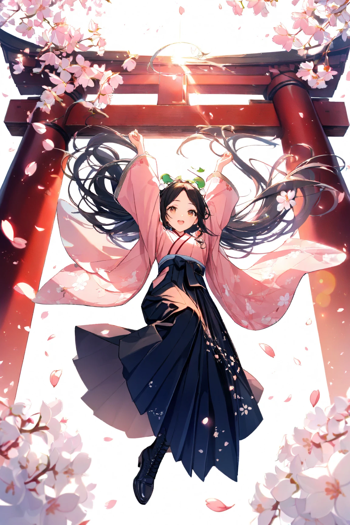 (masterpiece:1.2), (best quality:1.2), (very aesthetic:1.2), (absurdres:1.2), ultra-detailed,extremely detailed,beautiful,extremely detailed CG,ultra detailed background, 8k,16k,perfect hair, perfect fingers,
BREAK,
1girls,solo,beautiful,jumping,wearing dark blue hakama with cherry blossoms embroidery,light pink furisode with cherry blossoms pattern,
black hair,parted bangs,brown eyes,chignon,white Lily of the Valley hair ornament,arms up,black lace up heeled longboots,smiling,opening mouth,smiling,eyes wide open,
big eyes,
BREAK,
white sky,old brick school gate background,from below, backlighting,glittering, particles of light,cherry blossoms petals,cherry blossoms, depth of field,lens flare,pastel tone,spring atmosphere,