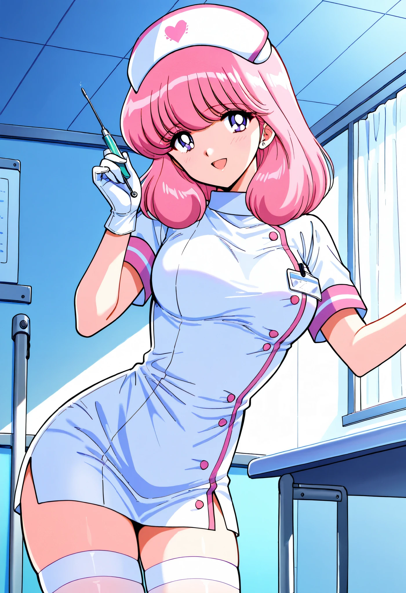 Score_9, score_8_up, score_7_up, source_anime, nakajima_noriko, solo, medium hair, pink hair, purple eyes, (best quality), (high quality), {masterpiece}, extremely delicate and beautiful, ultra-detailed, beautiful detailed eyes, nurse, nurse hat, ((white nurse's outfit)), white gloves, white thighhighs, hospital room, smile, open mouth, standing