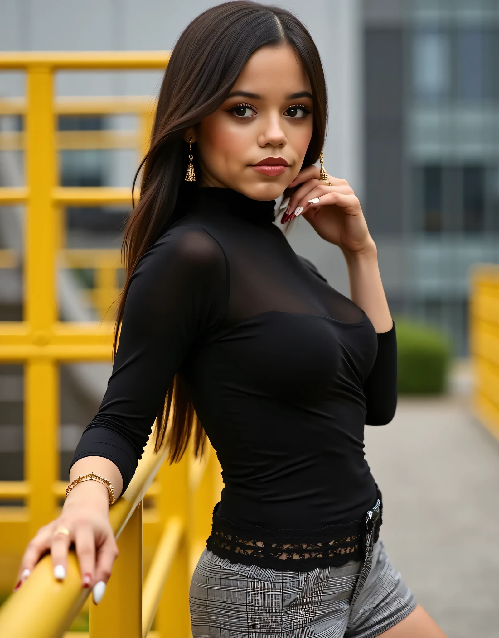 (masterpiece, high quality, high definition, Realistic photo, Photography), beautiful woman, Full face photo , with shining eyes , nice , beautiful and detailed face, cute smile , nice , Engelsblick , nice legs, great detail of the body and face in a sensual and pose. Large detail of the background and the surrounding area . pretty girl with very , Red lips, long and loose hair , sensual. Hyper-realistic portrait of a young and attractive woman with tanned skin and a trained figure, poses in an urban setting with metal railings and modern Background structures. She is wearing a tight-fitting black top with long sleeves and high collar, that wraps around her, combined with short checkered fabric pants in gray and white, with a waistband, that is decorated with lace. Her hair is long , smooth and dark , lying elegantly on her back. His expression is , with an intense look and well-defined eyebrows, } slightly curved lips in a subtle smile. she wears big gold earrings, a gold bracelet and rings on her fingers. x} Her long and well-kept nails are painted in a distinctive design with white and red. One of her hands lies on the yellow railing, while the other takes off her hair. The lighting is soft and natural, highlighting the facial details and texture of the clothing.
