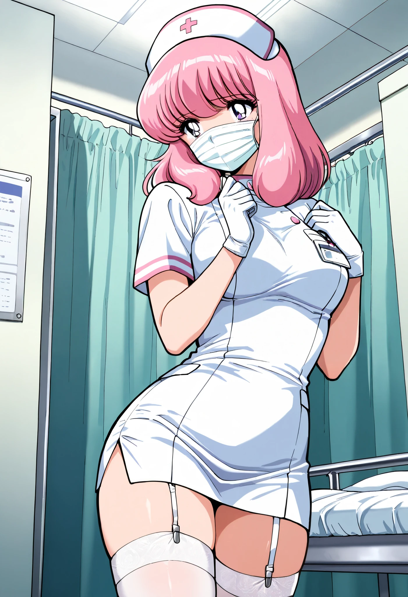 Score_9, score_8_up, score_7_up, source_anime, nakajima_noriko, solo, medium hair, pink hair, purple eyes, (best quality), (high quality), {masterpiece}, extremely delicate and beautiful, ultra-detailed, beautiful detailed eyes, nurse, nurse hat, ((white nurse's outfit)), white gloves, white thighhighs, hospital room, ((white surgical mask, covered nose)), standing