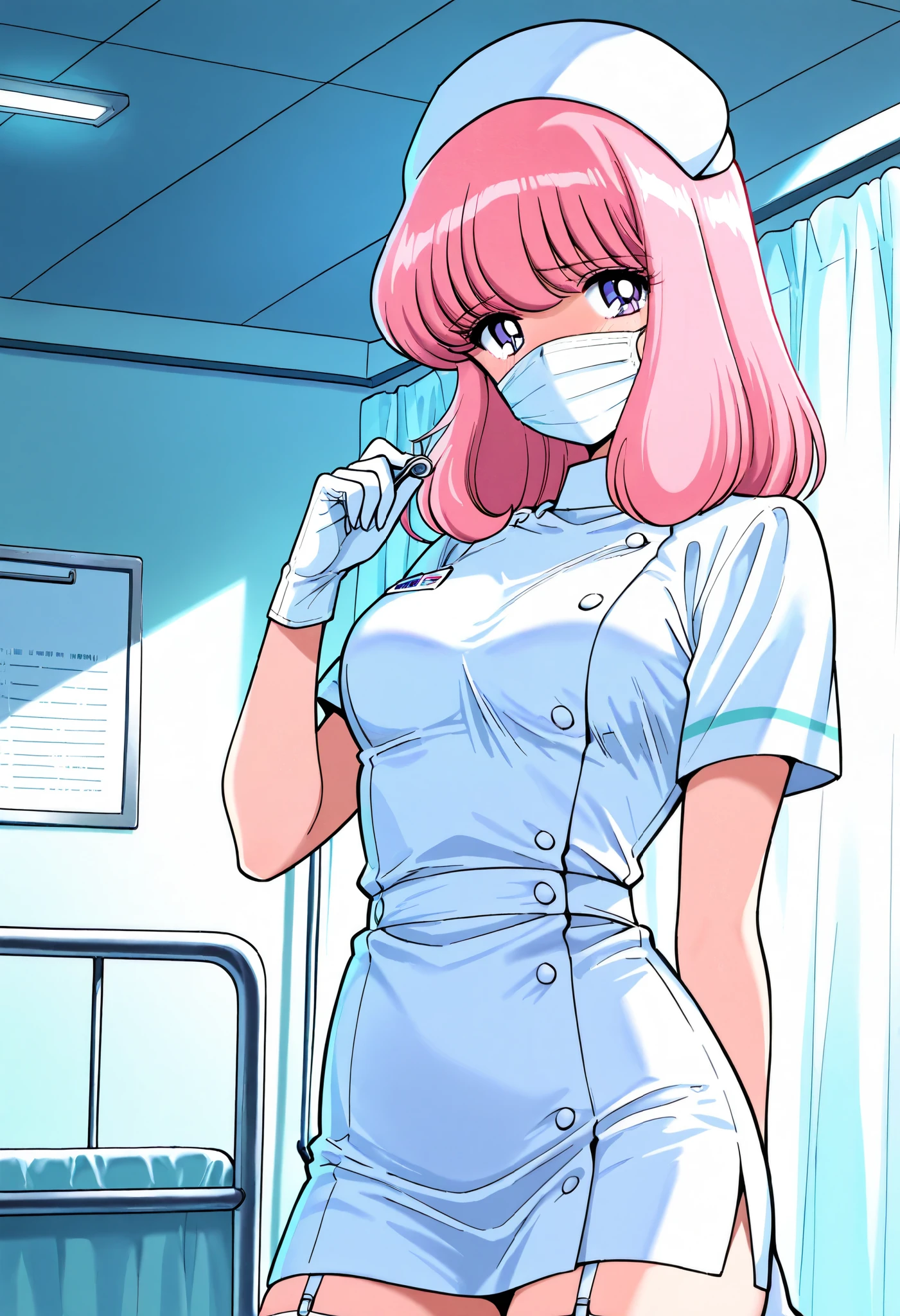 Score_9, score_8_up, score_7_up, source_anime, nakajima_noriko, solo, medium hair, pink hair, purple eyes, (best quality), (high quality), {masterpiece}, extremely delicate and beautiful, ultra-detailed, beautiful detailed eyes, nurse, nurse hat, ((white nurse's outfit)), white gloves, white thighhighs, hospital room, ((white surgical mask, covered nose)), standing