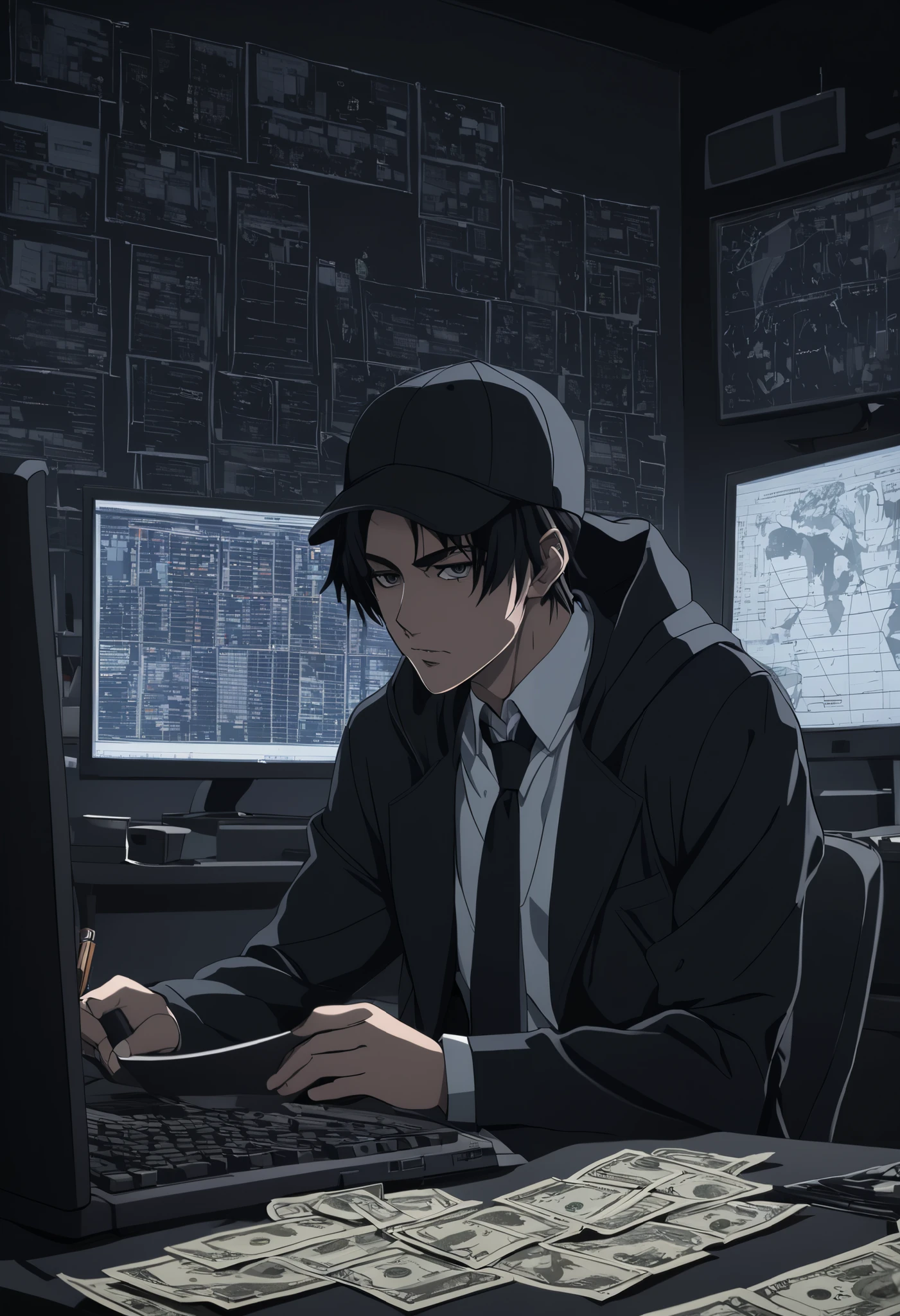 Anime trader boy
"An anime-style 18-year-old male with a slim 90s build, short dark hair under a black cap and hoodie with the hood up, face shadowed, wearing a dark tailored suit jacket over a white shirt. He holds a camera in his left hand, close to his side, with a cigar in his mouth, sitting in a high-back chair in a dimly lit, moody dark room with gritty noise. He counts U.S. dollar bills with money falling around him. A desk with three monitors showing financial stock charts glows blue, cluttered with a calculator, notebook, and tumbler. Dark, intense mood, blacks/grays/blues."
with a refined posture, short dark hair under a black cap and hoodie with the hood up, face shadowed, wearing a dark suit jacket over a white shirt and tie. Anime style noise style