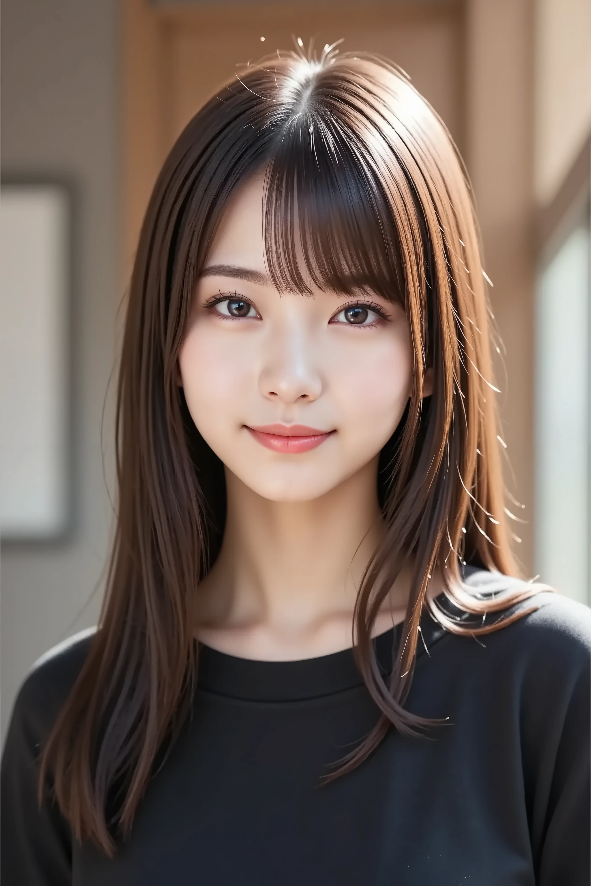 The face is positioned exactly in the center of the image , fully reflects the entire head , Face clearly visible、 black sweater, Hospital room, long hair、bungs, smile, young and cute japanese face , Official Art, high image quality CG Unity 8k wallpaper,Ultra high image quality , very well detailed, high image quality , Film Grain , lens flare glow , Top Quality ,8k, as a portrait shot ,8k, viewer ,  masterpiece,Top Quality ,very well detailed, it's cute , sexy,very well detailedな,Detailwear Features ,beautiful, illustration of a woman with a penis , beautiful Japanese woman, ladies 1 , Tight Chest 