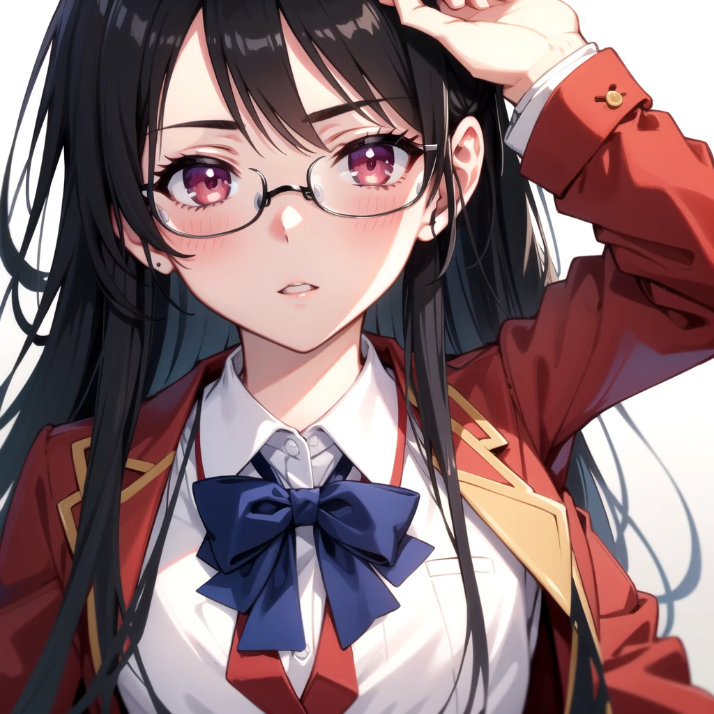 highest quality、unity 8k wallpaper、32k、masterpiece、Very detailed、Ultra-high resolution、Very detailedな顔、RAW Photos、Professional、Ultra-fine painting、Fine metal texture、High-quality fabric、Akane Ryuzoji、NSFW、Hands on hips、Upper body naked、Pleated skirt、Glasses、