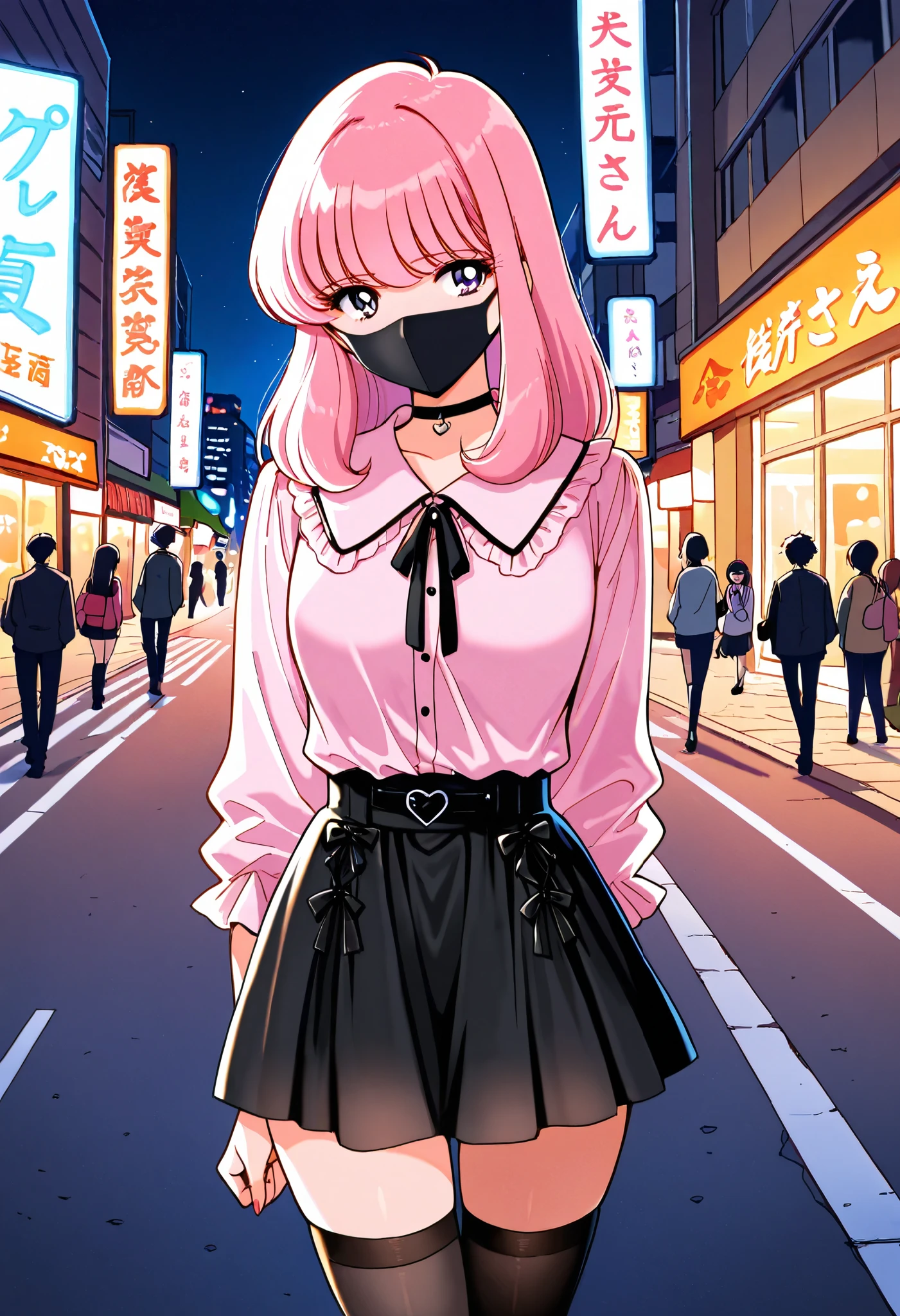 Score_9, score_8_up, score_7_up, source_anime, nakajima_noriko, solo, medium hair, pink hair, purple eyes, (best quality), (high quality), {masterpiece}, extremely delicate and beautiful, ultra-detailed, beautiful detailed eyes, jirai kei, pink shirt, black skirt, black choker, black thighhighs, shibuya, street, night, ((black mask, mouth mask, covered nose)), standing