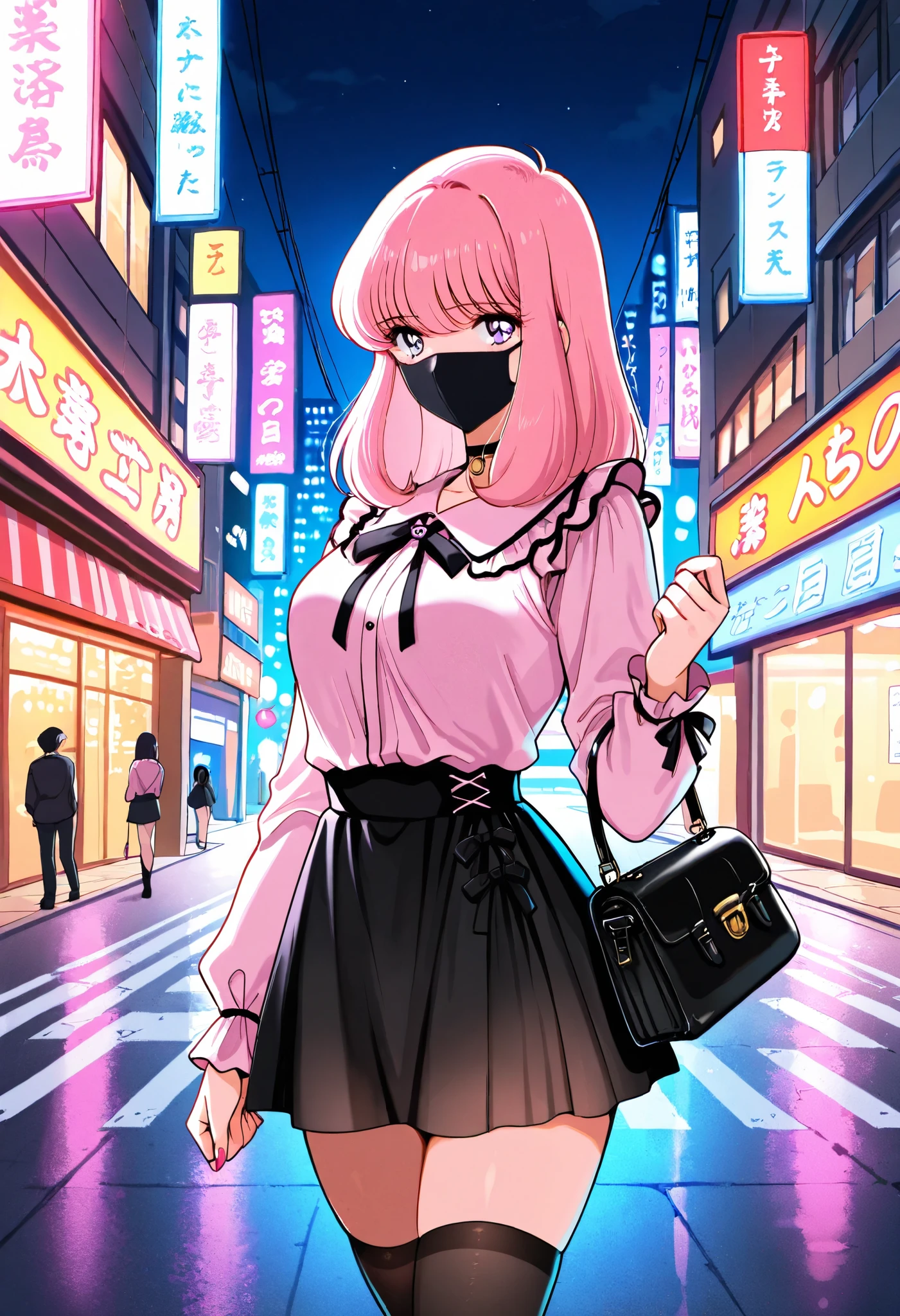 Score_9, score_8_up, score_7_up, source_anime, nakajima_noriko, solo, medium hair, pink hair, purple eyes, (best quality), (high quality), {masterpiece}, extremely delicate and beautiful, ultra-detailed, beautiful detailed eyes, jirai kei, pink shirt, black skirt, black choker, black thighhighs, shibuya, street, night, ((black mask, mouth mask, covered nose)), standing