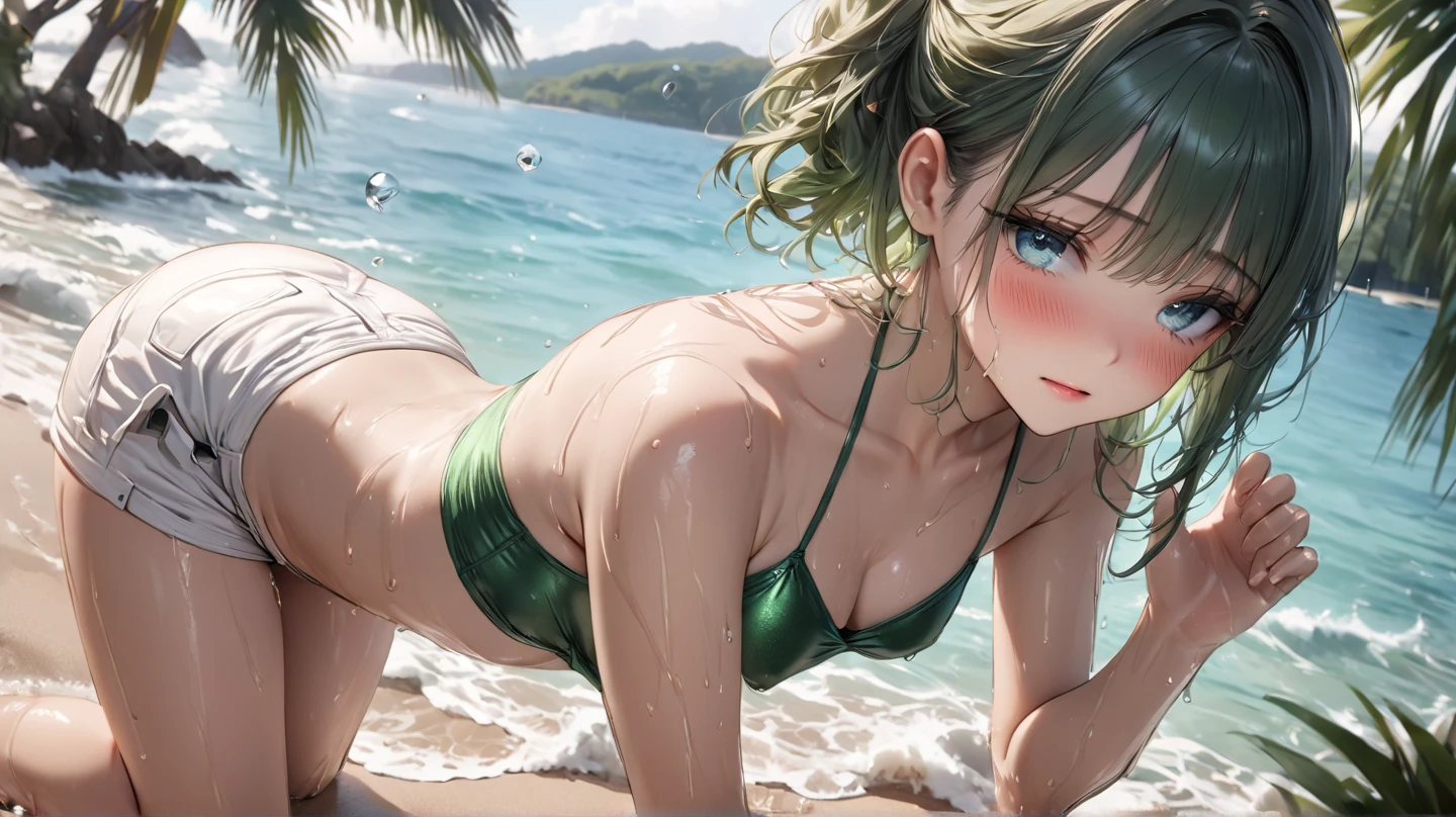 (highest quality:1.2, Very detailed, up to date, Vibrant, Ultra-high resolution, High Contrast, masterpiece:1.2, highest quality, Best aesthetics), Portraiture、girl、Bright colors、Beautiful fine details、Beautiful lip detail、long hair、ponytail, white and yellow green ((streaked hair:1.6)), highlights hair: 1.5, (medium breast,:1.5) (tan skin:1), 、((bikini:1)), (gold Satin-Bikini:1) , beautiful beach, day, (sun shine), blue sky , lie down on back, smile, (full body:1)