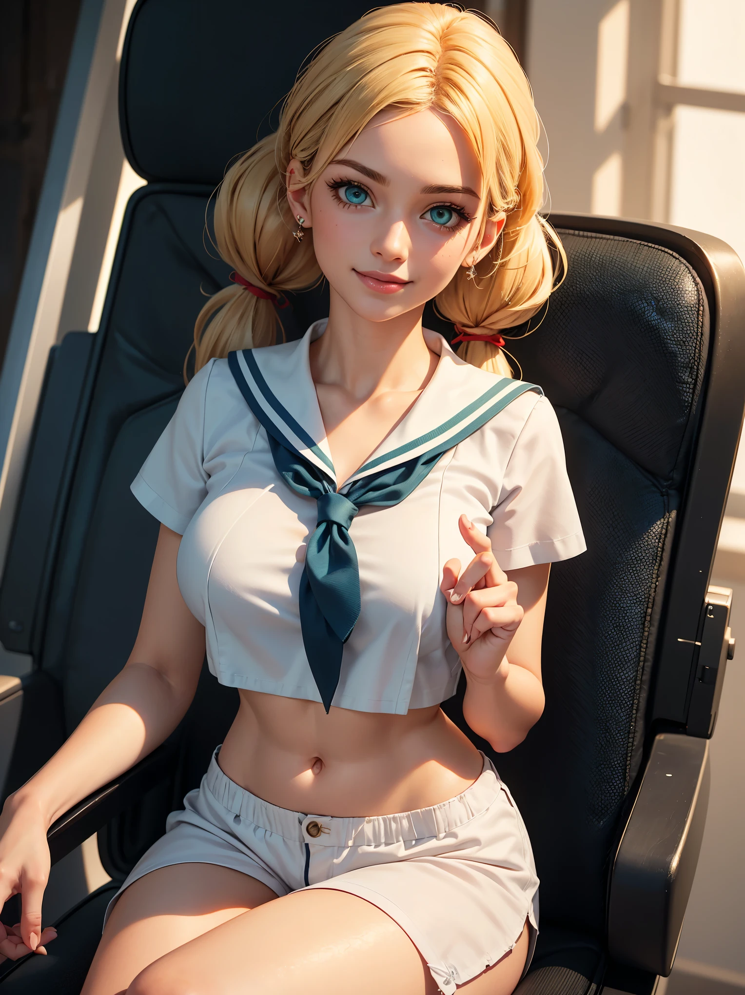 ( 1 female),  (microphone), (spread your legs), (wear a sailor suit only on the upper body), (White short shirt), (((  crop top shirt ))), Summer clothes, (red ribbon tie), masterpiece, best quality, high quality, high image quality, Precise, detailed texture,  Realistic facial expressions, realistic, colorful, ray tracing, (((Sit down and pose with a cute  beauty))), smile,  (shining eyes),  (detailed beautiful delicate face, Beautiful eyes with great attention to detail, Perfect Balance Face, advanced detailed skin, Best ratio　 4 index fingers and 1 thumb , (((White, glowing skin))), (oily skin), (big breasts), ((Under the chest)), (Stand on one knee on a futuristic obstetrics and gynecology chair), (( Smooth Texture , realistic texture, photorealistic)), (((green eyes))),  Blonde Semi Long Hair, ponytails for beautiful people,  (beautiful face, cute face, detailed face)