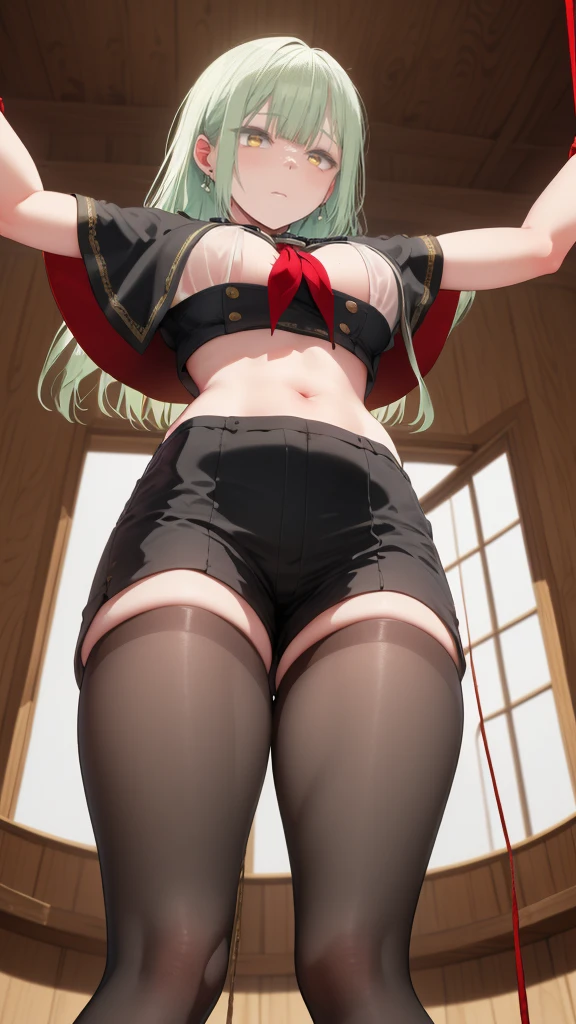 1girl, office, shirt, (angry), ((hourglass figure)), black tights, (from below), looking at viewer, ((thick thighs)), ((pussy)), red jacket
