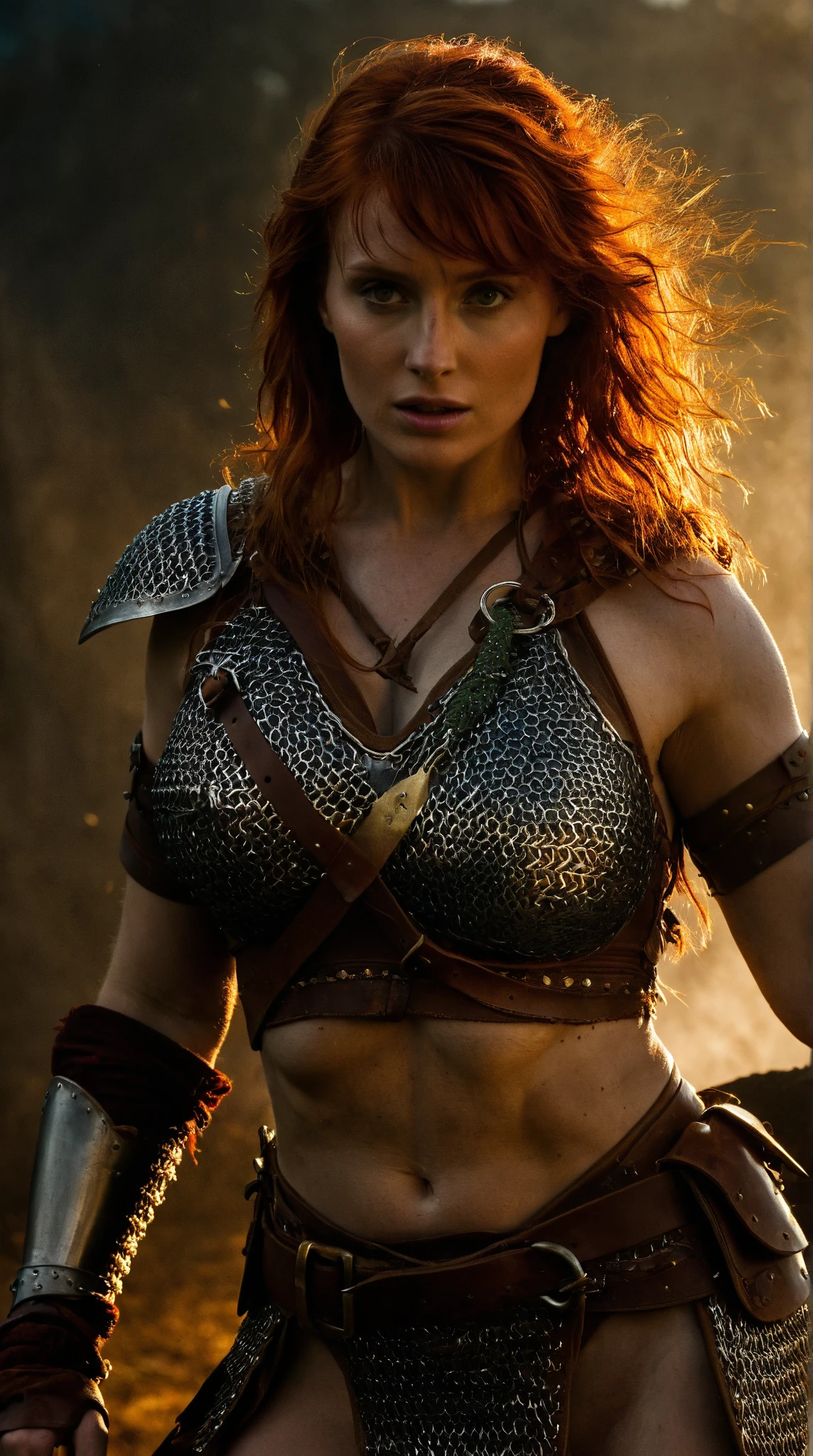 Christina Rene Hendricks (Fantasy warrior, sexy fur bikini, hair up in ponytail, battle axe), riding on a saddle on the back of a big ferocious brown bear. Christina and her bear are fighting goblins on a battlefield