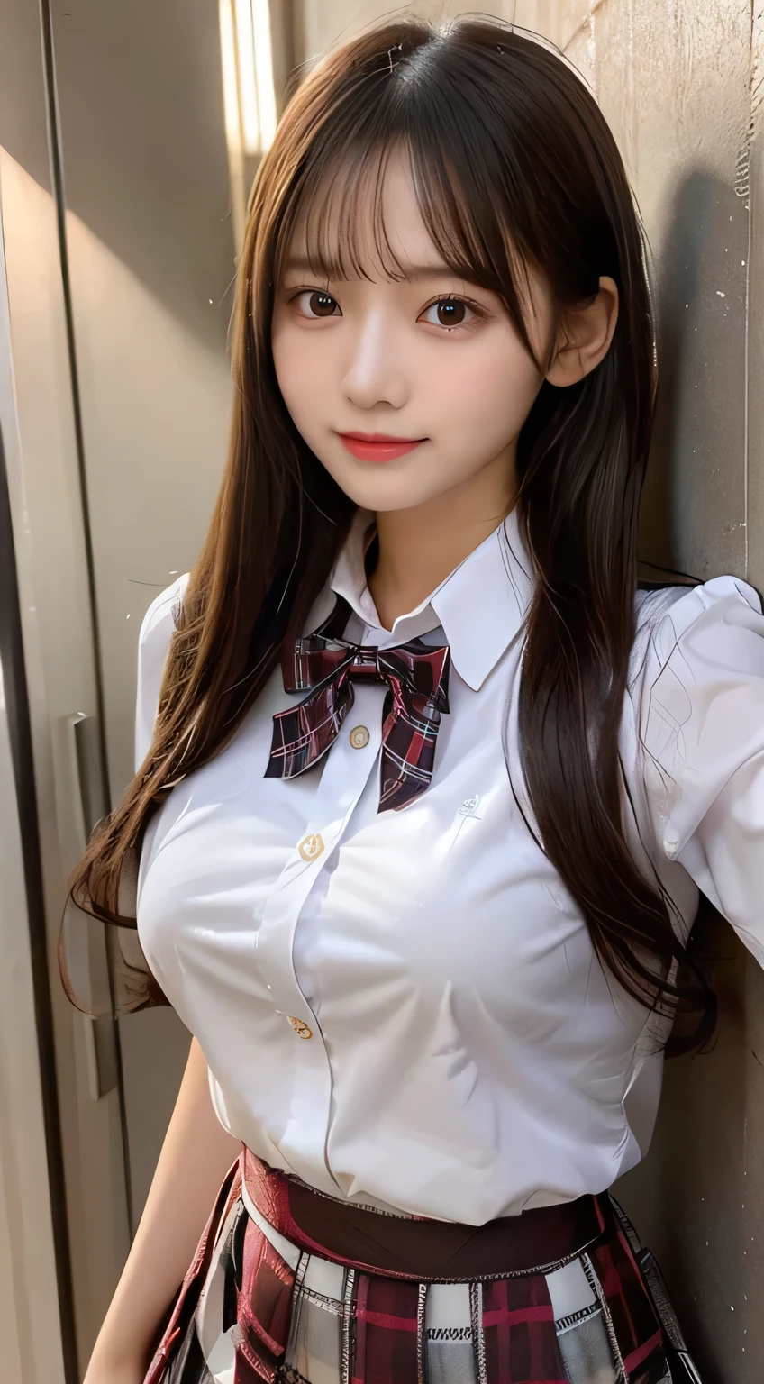 (beautiful girl、high school girl、 plaid midi skirt、high school uniform:1.3)、TOP QUALITY,8K image、Shapely breasts、straight hair