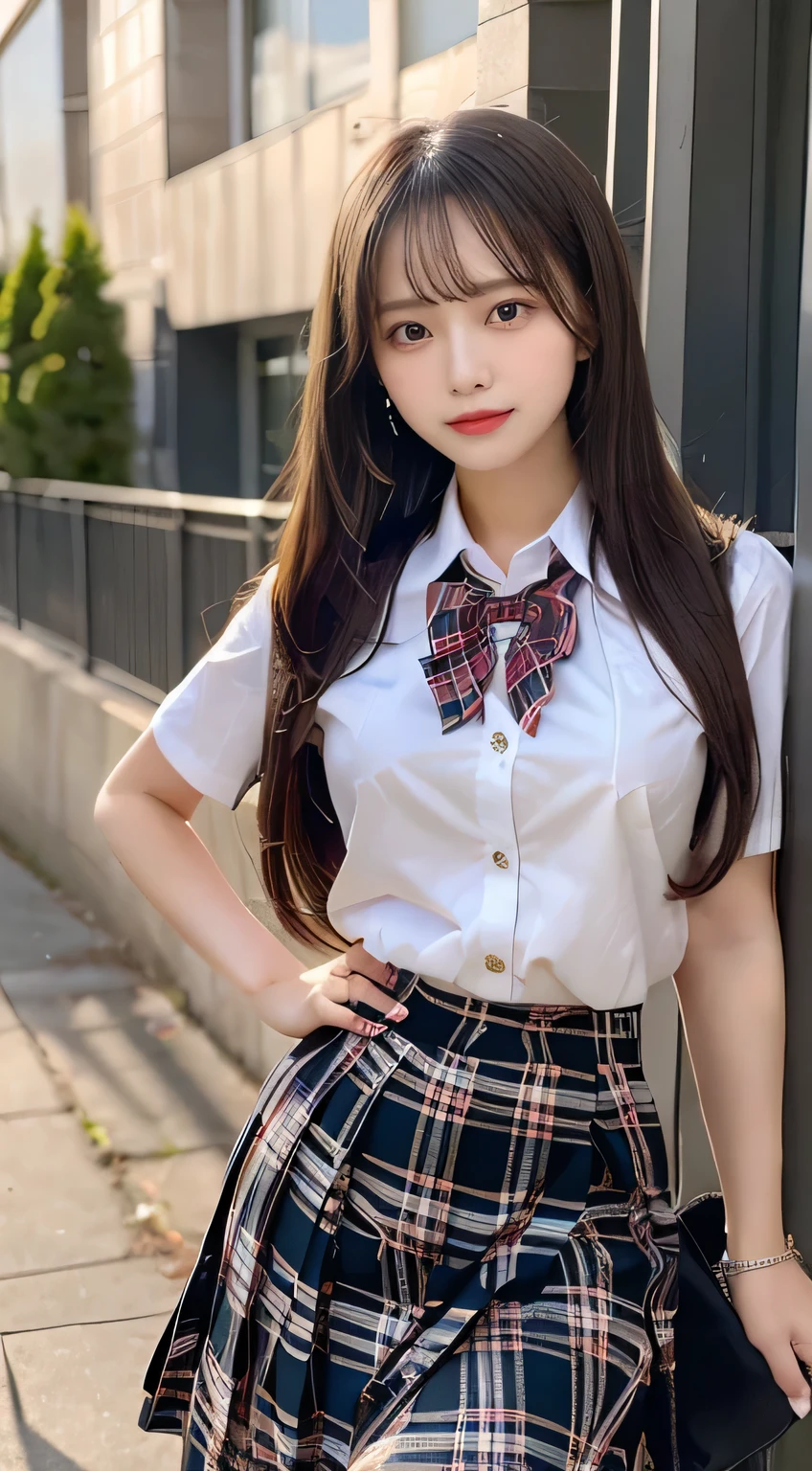 (beautiful girl、high school girl、 plaid midi skirt、high school uniform:1.3)、TOP QUALITY,8K image、Shapely breasts、straight hair