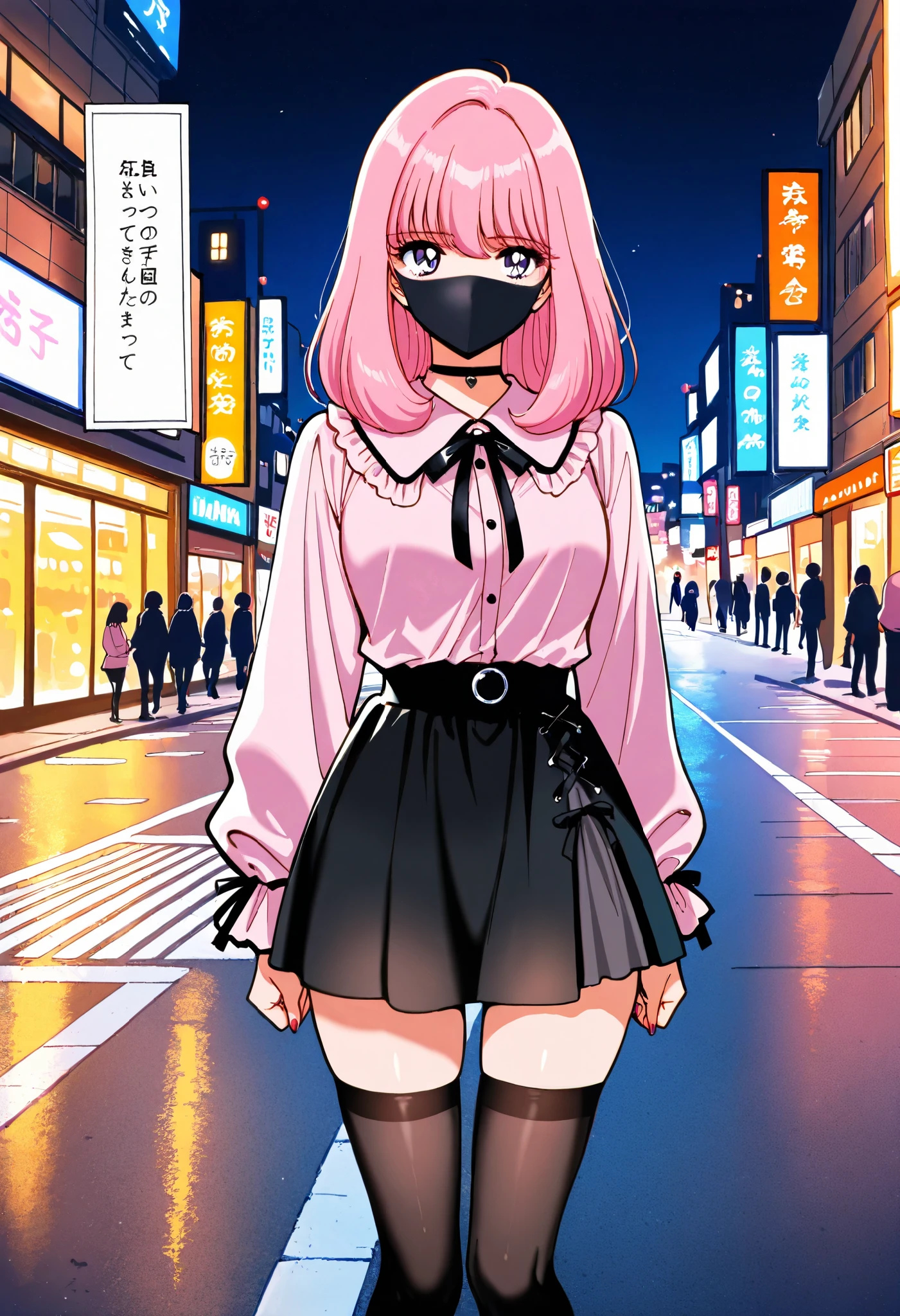 Score_9, score_8_up, score_7_up, source_anime, nakajima_noriko, solo, medium hair, pink hair, purple eyes, (best quality), (high quality), {masterpiece}, extremely delicate and beautiful, ultra-detailed, beautiful detailed eyes, jirai kei, pink shirt, black skirt, black choker, black thighhighs, shibuya, street, night, ((black mask, mouth mask, covered nose)), standing