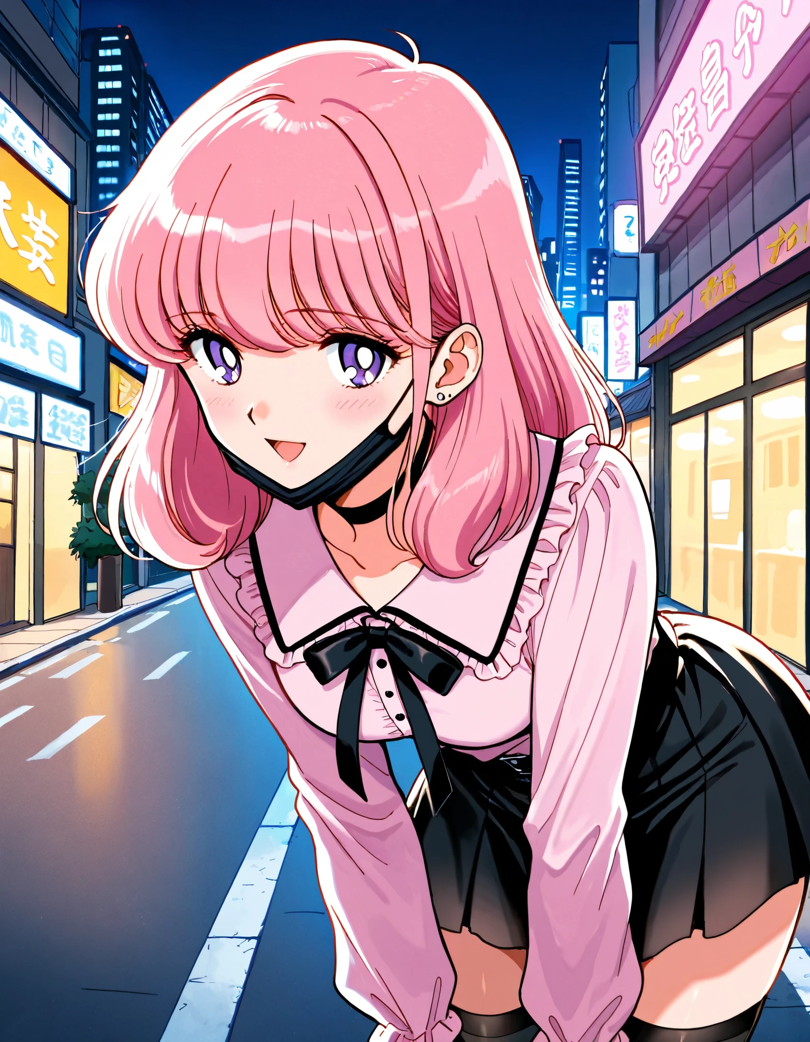 Score_9, score_8_up, score_7_up, source_anime, nakajima_noriko, solo, medium hair, pink hair, purple eyes, (best quality), (high quality), {masterpiece}, extremely delicate and beautiful, ultra-detailed, beautiful detailed eyes, jirai kei, pink shirt, black skirt, black choker, black thighhighs, shibuya, street, night, black mask, mask pull, smile, open mouth, leaning forward